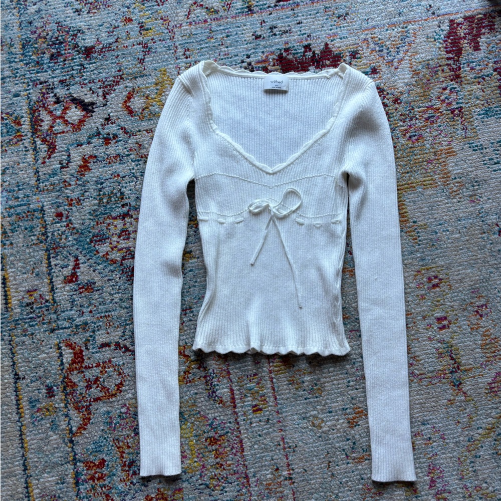 Aritzia Wilfred Long Sleeve Ribbed Top Off-white with ribbon XXS